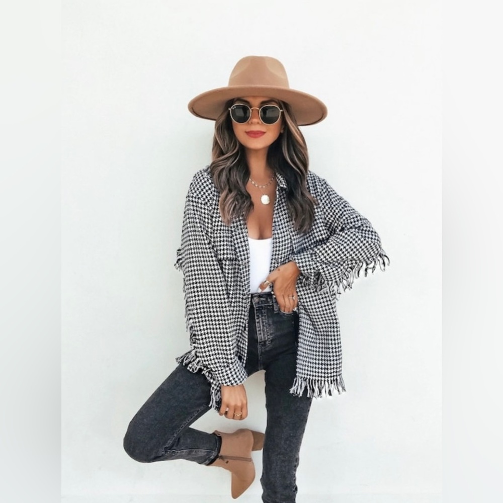 Vici Houndstooth Fringe Button Down Shacket Black and White